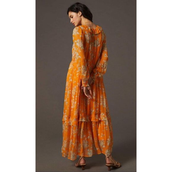 Anthropologie The Marais Printed Chiffon Maxi Dress in Orange Motif, NWT XS - Picture 4 of 8